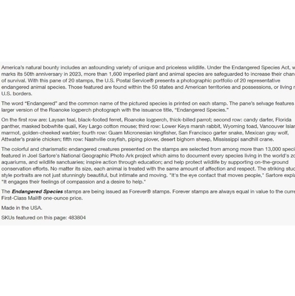 100 Forever Stamps Endangered Species Animals Stamp USPS Postage Mail - Picture 9 of 13